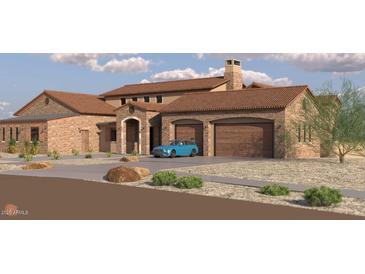 Expansive stone-accented home featuring a front-facing two-car garage and a light blue vehicle parked in the driveway at 21235Xxx W Elliot Rd, Buckeye, AZ 85326