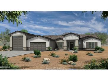 Charming single-story home featuring a three-car garage and desert landscaping at 6108 E Shasta Daisy Ln, Prescott Valley, AZ 86315