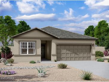 Charming single-story home featuring a neutral-toned exterior, a two-car garage, and low-maintenance desert landscaping at 13198 E Verbina Ln, Florence, AZ 85132