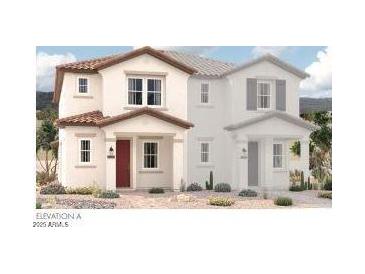 Charming two-story home featuring a red front door, light stucco exterior, and tile roof at 2800 N Evergreen St, Buckeye, AZ 85396