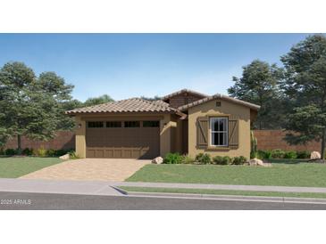 Charming single story home with a two car garage, tile roof, and low maintenance front yard at 5043 S 233Rd Dr, Buckeye, AZ 85326