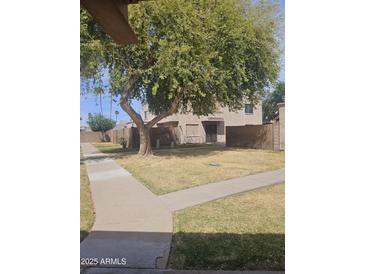 Exterior view of building with large tree in yard, sidewalk, and brown fencing at 600 S Dobson Rd # 53, Mesa, AZ 85202