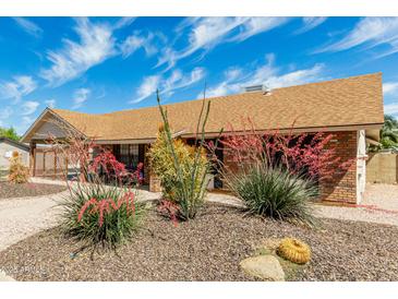 Landscaped front yard with mature plants and a well-maintained brick exterior create curb appeal at 1240 E Indigo St, Mesa, AZ 85203