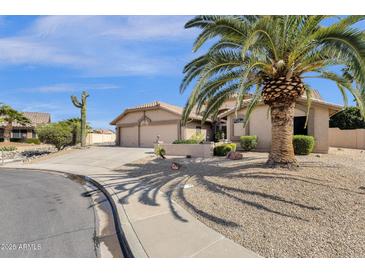 Single story home boasts desert landscaping, a spacious three car garage, and a large palm tree at 19791 N 86Th Dr, Peoria, AZ 85382