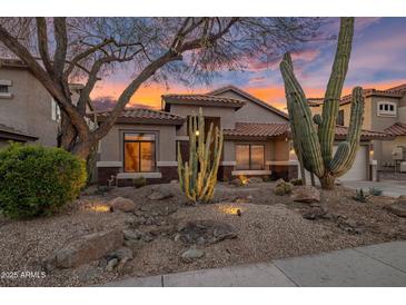 Beautiful home exterior at sunset with desert landscaping and mature saguaro cacti at 22036 N 44Th Pl, Phoenix, AZ 85050