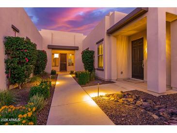 View of the home's front walkway with desert landscaping, lighting and the home's front door at 30271 N 117Th Dr, Peoria, AZ 85383