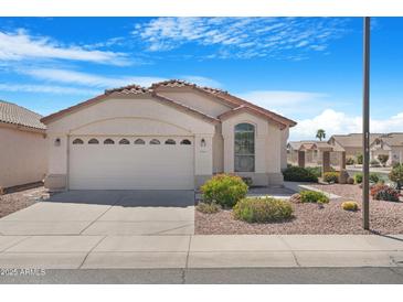 Charming single-story home featuring a well-manicured desert landscape and attached two-car garage at 18163 W Addie Ln, Surprise, AZ 85374
