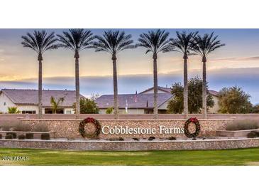 View of the Cobblestone Farms community entrance with lush landscaping and mature palm trees at 44566 W High Desert Trl, Maricopa, AZ 85139