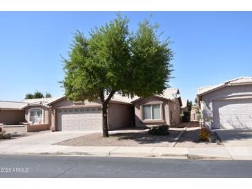 Charming single-story home featuring a well-manicured front yard with a mature shade tree and a two-car garage at 1384 E Las Colinas Dr, Chandler, AZ 85249