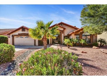 Charming single-story home features a landscaped front yard with mature trees and desert landscaping at 9717 W Marco Polo Rd, Peoria, AZ 85382