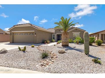 Charming home featuring desert landscaping with a healthy palm tree and stone accents at 3843 E Hazeltine Way, Chandler, AZ 85249