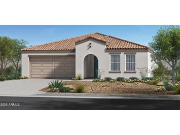 Charming single-story home showcasing a tile roof, arched entryway, and low-maintenance desert landscaping at 24649 W Jessica Ln, Buckeye, AZ 85326