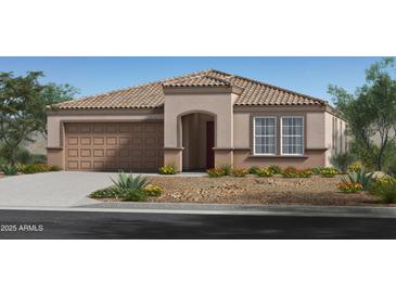 Charming single-story home with a two-car garage, desert landscaping, and a tile roof at 24661 W Jessica Ln, Buckeye, AZ 85326