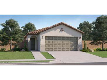 Charming single-story home with a tile roof, neutral stucco, and a two-car garage at 36570 W Maddaloni Ave, Maricopa, AZ 85138