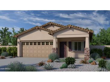 Charming single-story home with a two-car garage, stone accents, and desert landscaping in a modern color palette at 725 N Don Frank Ln, Wickenburg, AZ 85390