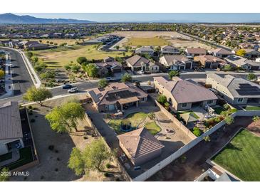 Expansive aerial view of a community home featuring a spacious backyard with a trampoline and desert landscaping at 17451 W Hadley St, Goodyear, AZ 85338