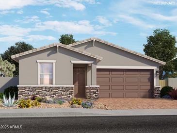Inviting single-story home with desert landscaping and a stone-accented facade at 8950 W Albeniz Pl, Tolleson, AZ 85353