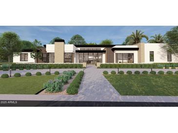 Stunning modern home boasts clean lines, stone accents, and lush landscaping for optimal curb appeal at 7001 E Paradise Dr, Scottsdale, AZ 85254