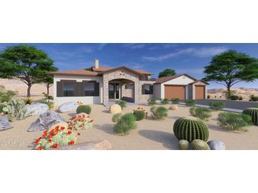 Charming single-story home features a stone facade, two-car garage, and desert landscaping with vibrant cacti at 21347 W Jojoba Ct, Buckeye, AZ 85396
