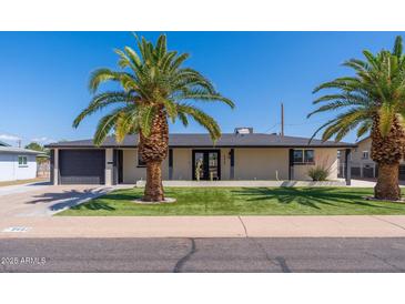 Charming single-story home featuring mature palm trees, freshly cut grass, and a dark gray attached garage at 5452 E University Dr, Mesa, AZ 85205