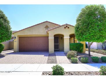 Charming single-story home with a well-maintained front yard, a desert landscape, and a two car garage at 10065 E Tiger Lily Ave, Mesa, AZ 85212