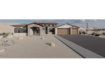This beautiful home features a stone facade, large windows, and a spacious three-car garage at 11648 S Airport Rd, Buckeye, AZ 85326