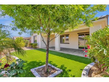 Lush backyard featuring a covered patio, manicured lawn, and tasteful landscaping, perfect for outdoor enjoyment at 22472 E Sonoqui Blvd, Queen Creek, AZ 85142
