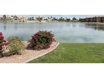 Lush shoreline with vibrant bougainvillea, manicured grass, and a serene pond view, enhancing the community's beauty at 16013 S Desert Foothills Pkwy # 2056, Phoenix, AZ 85048