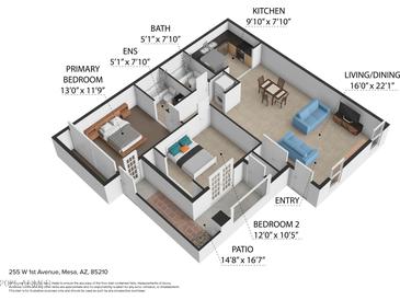 Detailed 3D floor plan showcasing the layout of a cozy two-bedroom home with living, dining, kitchen and outdoor patio at 225 W 1St St # 134, Mesa, AZ 85201