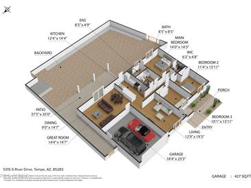Detailed floor plan showcasing layout of living spaces, bedrooms, backyard and garage at 5315 S River Dr, Tempe, AZ 85283