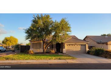 Charming single-story home featuring a well-maintained lawn, mature trees, and a two-car garage at 11265 E Contessa St, Mesa, AZ 85207