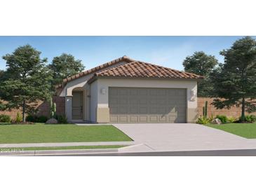Charming single-Gathering home featuring a tile roof, desert landscaping, and attached two-car garage at 25041 N 174Th Ln, Surprise, AZ 85387