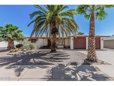 Charming single-story home featuring desert landscaping with mature palm trees and a two-car garage at 5625 E Dodge St, Mesa, AZ 85205