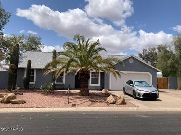 Charming single-story home with desert landscaping, a palm tree, and a blue sky backdrop at 9327 E Des Moines St, Mesa, AZ 85207