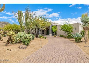 Expansive desert home with a meticulously designed driveway and lush native landscaping at 9627 E Adobe Dr, Scottsdale, AZ 85255