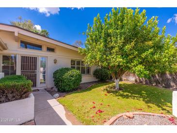 Charming home exterior with lush green lawn, mature tree, and inviting walkway at 617 W Gibraltar Ln, Phoenix, AZ 85023