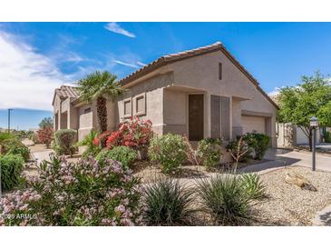 Charming single-story home featuring a tile roof and well-maintained desert landscaping with vibrant flowers at 20307 N Painted Sky Dr, Surprise, AZ 85374