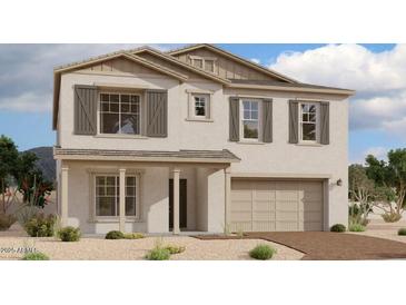 Inviting two-story home showcasing charming shutters, neutral color palette, and a convenient two-car garage at 11423 E Utah Ave, Mesa, AZ 85212
