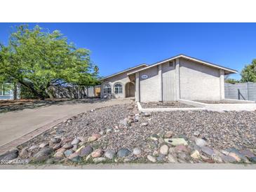 Charming single-story home featuring a stucco facade and a rock garden in the front yard at 646 W Grove Cir, Mesa, AZ 85210