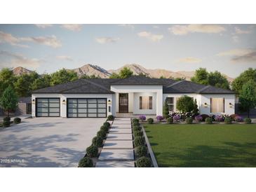 Beautiful single-story home featuring a modern facade, lush landscaping, and a three-car garage at 1835 N 103Rd St, Mesa, AZ 85207