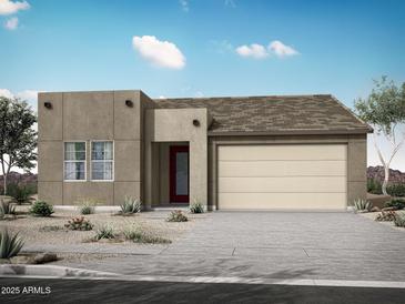 Modern single-story home featuring desert landscaping, a two-car garage, and a red front door at 4163 W Brenley Dr, San Tan Valley, AZ 85144