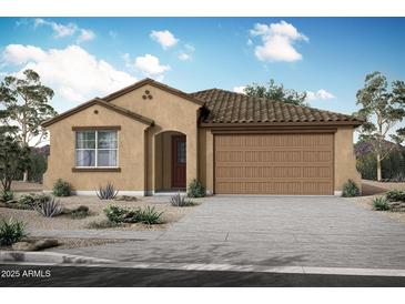 Charming single-story home with a two-car garage and desert landscaping enhancing curb appeal at 4179 W Brenley Dr, San Tan Valley, AZ 85144