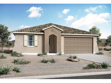 Inviting single-story home with a tiled roof, neutral stucco, paired with a two-car garage and desert landscaping at 4216 W Brenley Dr, San Tan Valley, AZ 85144