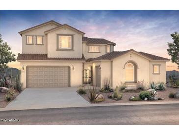 Charming two-story stucco home with a two-car garage and desert landscaping, showcasing Southwest architecture at 26026 S 224Th Way, Queen Creek, AZ 85142