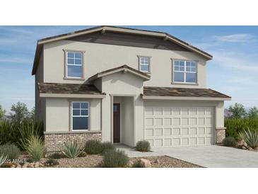 Charming two-story home featuring a neutral color palette, covered entry, a two-car garage and manicured desert landscaping at 25165 N 167Th Ave, Surprise, AZ 85387