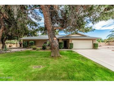 Charming single story home featuring a lush green lawn, mature trees, and a two-car garage at 4317 E Yucca St, Phoenix, AZ 85028