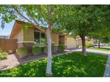 Attractive single-story home with lush green lawn, mature trees, and stone accents at 7251 E Portobello Ave, Mesa, AZ 85212