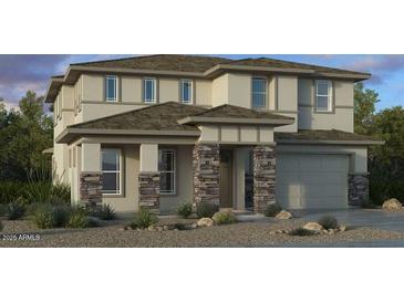 Charming two-story home featuring stone accents, a covered porch, and neutral exterior paint at 20637 E Via Del Jardin --, Queen Creek, AZ 85142