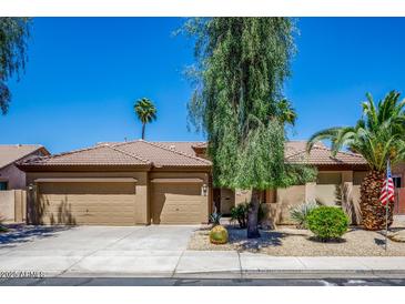Charming single-story home featuring a three-car garage and mature desert landscaping at 10242 E Pantera Ave, Mesa, AZ 85212