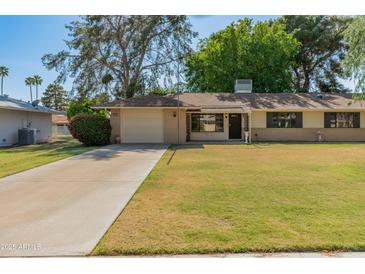 Charming single-story home featuring a well-maintained lawn, complemented by mature trees at 15610 N 98Th Ave # 26, Sun City, AZ 85351